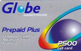 Philippines, 500 ₱ - Philippine Piso, Prepaid Plus (grey) - Globe Handyphone, 2 Scans.  Different Back - Philippines