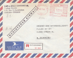 AMOUNT 1200, KAVAKHDERE, RED MACHINE STAMPS ON REGISTERED COVER, 1988, TURKEY - Covers & Documents