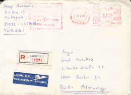 AMOUNT 3200, KADIKOY, RED MACHINE STAMPS ON REGISTERED COVER, 1990, TURKEY - Lettres & Documents