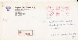 AMOUNT 2100, LEVENT-ISTANBUL, RED MACHINE STAMPS ON REGISTERED COVER, 1990, TURKEY - Cartas & Documentos