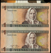 LITHUANIA 2 X 1 Litas.(1994) Uncut Vertical Pair. (Pick 53a) UNCIRCULATED - Lituania