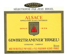 étiquette Vin D'Alsace  Gewurztraminer Vendange Tardive  Hugel Et Fils Riquewihr - Gewürztraminer