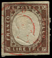 ITALIE (ANCIENS ETATS) SARDAIGNE 15 : 3l. Bronze Obl. Càd Rouge De Milano, Petite Fente à Gauche, B/TB - Autres & Non Classés