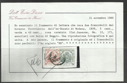 ANTICHI STATI MODENA 1859 GOVERNO PROVVISORIO CENT. 5c + 40c ANNULLATO SU FRAMMENTO - Modena