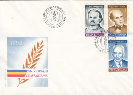 ANNIVERSARIES OF 1992, PERSONALITIES, COVER FDC, 1992, ROMANIA - FDC