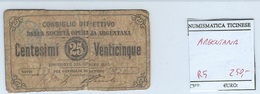 BONO DI CASSA PER 25 CENTESIMI -SOC. OPERAIA. ARGENTANA - MONETAZIONE DI EMERGENZA   1866 -1870 - RARITA' 5 - Other & Unclassified