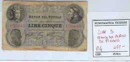 LIRE CINQUE -BANCA DEL POPOLO  - MONETAZIONE DI EMERGENZA   1871 - RARITA' 5 - Otros & Sin Clasificación