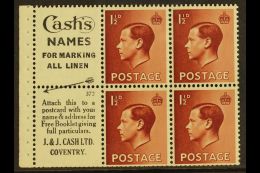 1936 BOOKLET PANE 1½d Red-brown Upright Watermark, GB Spec PB5 (perf Type I) Complete Pane With Selvedge, 4... - Non Classificati