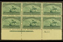 1893 3c Green Columbus, Scott 232, Never Hinged Mint Marginal PLATE BLOCK OF 6 WITH IMPRINT, Good Centering, Very... - Autres & Non Classés