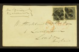 1868 (July) Cover Addressed To London, Bearing 1867 12c Black E Grill Horiz PAIR (Scott 90, SG 92) Tied By Cork... - Sonstige & Ohne Zuordnung