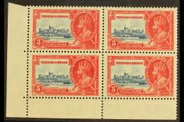 1935 3c Deep Blue And Scarlet Silver Jubilee, Bottom Corner Block Of 4, One Showing The Variety "Extra Flagstaff",... - Trinidad En Tobago (...-1961)