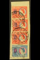 REVENUES 1954 QEII Type, £1 Red & Blue X3 On Piece With 5s Blue & Red, Barefoot 87/8, Fine Used With... - Non Classificati