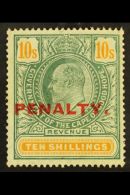 CAPE OF GOOD HOPE REVENUE - 1911 10s Green & Yellow, Ovptd "PENALTY" Barefoot 8, Never Hinged Mint. For More... - Non Classificati