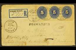 1890 (28 Dec) Registered Cover To USA (there Forwarded), Bearing 5c Ultramarine Numerals Strip Of 3 (Scot 216, SG... - Mexiko