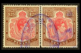 PENANG REVENUE STAMPS 1949 KGVI $25 Red And Brown, Barefoot 1, Fine Used HORIZONTAL PAIR. For More Images, Please... - Other & Unclassified
