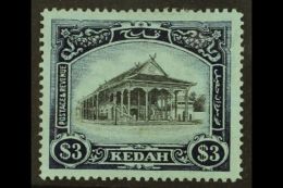 KEDAH 1912 $3 Black And Blue On Blue Council Chamber, SG 13, Very Fine Mint. For More Images, Please Visit... - Andere & Zonder Classificatie