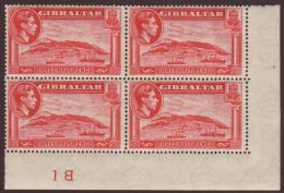 1938-51 1½d Carmine - Perf 14, SG 123, Never Hinged Mint Corner Cylinder Block Of 4 "B1". Scarce Item (1... - Gibraltar