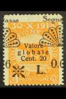 POSTAGE DUE 1921 6c On 20c Overprint "Valore Globale" In Thin Letters With "Segnatasse" Overprint HORIZONTALLY... - Fiume