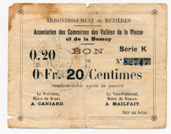 1914 - 1918 // ARRONDISSEMENT De MEZIERES / 1914 //  Bon De 20 Cts - Bonds & Basic Needs