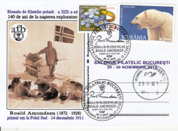 ANTARCTIC EXPEDITION, ROALD AMUNDSEN-FIRST MAN AT SOUTH POLE, SPECIAL POSTCARD, 2012, ROMANIA - Spedizioni Antartiche