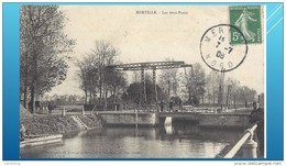 2 CPA De MERVILLE Année 1908 (Nord)   - LES DEUX PONTS SUR LA LYS  - CANAUX ET PENICHES - Merville