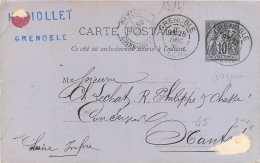 Précurseur, Entier Postal 10c Sage, N° 3 , Cachets Nantes Et Grenoble 1885 - Precursor Cards