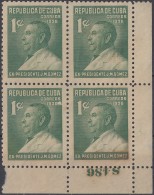 1936-250 CUBA REPUBLICA 1936 Ed.292. 1c JOSE MIGUEL GOMEZ BLOCK 4 PLATE NUMBER SIN GOMA NO GUM. - Neufs