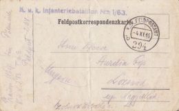 55959- WW1 WAR FIELD POSTCARD, CENSORED INFANTRY BATTALION 1/63, POST OFFICE NR 294, 1916, HUNGARY - Covers & Documents