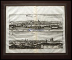 NEUSTADT A.D.ORLA Und OSCHATZ, 2 Gesamtansichten Auf Einem Blatt, Kupferstich Von Merian Um 1645 - Lithographies