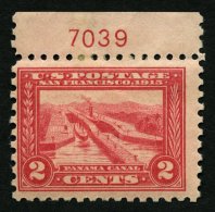 USA 204C *, Scott 402, 1915, 2 C. Panama-Pacific-Ausstellung, Gezähnt L 10, Oberrandstück Mit Plattennummer, F - Used Stamps