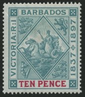 BARBADOS 60x *, 1897, 10 P. 60 Jahre Regentschaft, Weißes Papier, Falzreste, Herstellungsbedingte Gummiknitter, Pr - Barbados (1966-...)