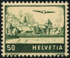 SCHWEIZ BUNDESPOST 389I **, 1941, 50 C. Flugzeug über Landschaften Mit Abart Dach Des Rechten Hauses Weiß, Pr - Used Stamps