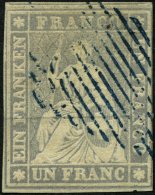 SCHWEIZ BUNDESPOST 18IIAys O, 1855, 1 Fr. Violettgrau, Schwarzer Seidenfaden, Berner Druck II, (Zst. 27C), Mit Blauem Ra - Used Stamps