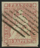 SCHWEIZ BUNDESPOST 15IIAym O, 1855, 15 Rp. Rosa, Berner Druck I, (Zst. 24B), Genfer Raute, Voll-überrandig, Pracht, - Autres & Non Classés