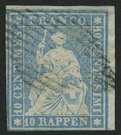 SCHWEIZ BUNDESPOST 14IIBzo O, 1856, 10 Rp. Grünlichblau, Seidenpapier, Berner Druck II, (Zst. 23E), Unten Berü - Other & Unclassified