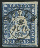 SCHWEIZ BUNDESPOST 14IIAyo O, 1855, 10 Rp. Blau, Roter Seidenfaden, Berner Druck II, (Zst. 23Cc), Zentrischer K2 BULLE, - Other & Unclassified