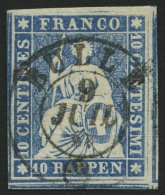 SCHWEIZ BUNDESPOST 14IIAyo O, 1855, 10 Rp. Blau, Roter Seidenfaden, Berner Druck II, (Zst. 23Cc), Zentrischer K2 BULLE, - Sonstige & Ohne Zuordnung