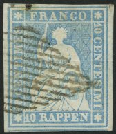 SCHWEIZ BUNDESPOST 14IIAyob O, 1855, 10 Rp. Milchblau, Berner Druck II, (Zst. 23 Ca), Allseits Breitrandig, Kleiner Vort - Gebraucht