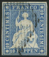 SCHWEIZ BUNDESPOST 14IIAym O, 1855, 10 Rp. Blau, Berner Druck I, (Zst. 23B), Voll-breitrandig, Pracht, Gepr. Rellstab - Other & Unclassified