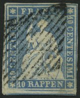 SCHWEIZ BUNDESPOST 14Ib O, 1854, 10 Rp. Mittelblau, 2. Münchener Druck, (Zst. 23A), Vollrandig Pracht, Gepr. Herman - Sonstige & Ohne Zuordnung