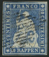 SCHWEIZ BUNDESPOST 14Ia O, 1854, 10 Rp. Preußischblau, 1. Münchner Druck, (Zst. 23Aa), Vollrandig Pracht, Gep - Autres & Non Classés