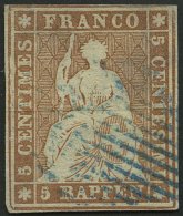 SCHWEIZ BUNDESPOST 13Ib O, 1854, 5 Rp. Braun, 2. Münchner Druck, (Zst. 22Ab), Blaue Raute, Fast Vollrandig, Feinst - Used Stamps