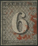 ZÜRICH 2II O, 1843, 6 Rp. Schwarz/dunkelbräunlichrot, Linienunterdruck Waagerecht, Rote Rosette, Leichte Waage - 1843-1852 Kantonalmarken Und Bundesmarken