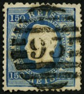 PORTUGAL 43xB O, 1876, 150 R. Mattblau, Gezähnt 121/2, Zentrischer Nummernstempel 93, üblich Gezähnt Prac - Gebraucht