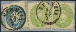 LOMBARDEI UND VENETIEN 15,17 BrfStk, 1863, 3 So. Grün (2x) Und 10 So. Blau Auf Prachtbriefstück, K1 VENEZIA, G - Lombardo-Vénétie