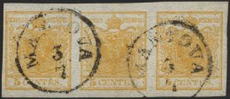 LOMBARDEI UND VENETIEN 1Xa O, 1850, 5 C. Ockergelb, Handpapier, Im Waagerechten Dreierstreifen, K1 MANTOVA, Pracht - Lombardo-Vénétie
