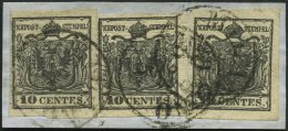 LOMBARDEI UND VENETIEN 2Xa BrfStk, 1850, 10 C. Schwarz, Handpapier, Type Ib, Ia, Ia, Dreifachfrankatur Auf Prachtbriefst - Lombardy-Venetia