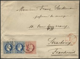 STERREICH 37/8I BRIEF, 1869, 5 Kr. Karmin Und 2x 10 Kr. Blau, Grober Druck, Auf Brief Von WIEN Nach Strasbourg, Leichte - Gebraucht