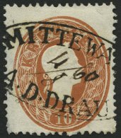 STERREICH 21 O, 1860, 10 Kr. Braun, Ovalstempel MITTEWALD A.D. DRAU (handschriftliches Datum), Feinst (dünner Rand) - Other & Unclassified