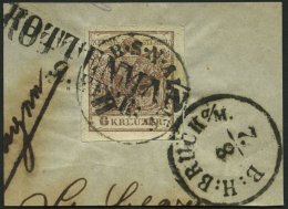 STERREICH 4X BrfStk, 1850, 6 Kr. Braun, Type Ib, Auf Großem Briefstück Mit 3 Verschiedenen Stempeln (Nachsend - Autres & Non Classés